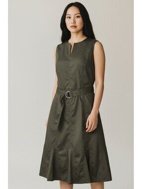 Calvin Klein Dress 8 Olive Green Sleeveless Split V Neck Belted Flare Midi Chic